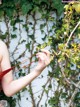 A woman in a red dress holding a string in front of a tree.