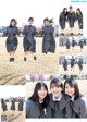 A group of young women in school uniforms jumping in the air.